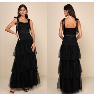 LULUS NWT Mystique Black Tulle Tie-Strap Tiered Maxi Dress Formal XXS